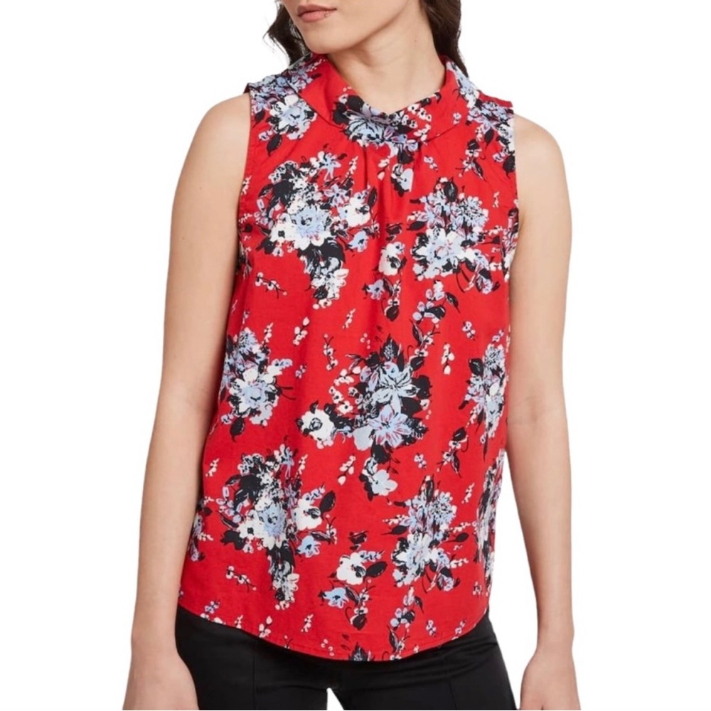 ModCloth Red Floral Sleeveless Reverse Collar Blouse (Sz Small)